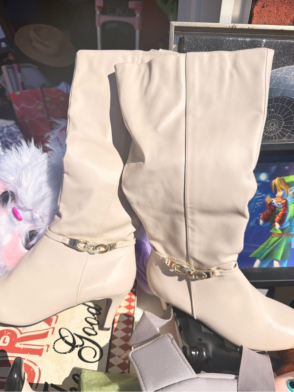 Karen Scott Cream Knee-High Heeled Boots with Gold Chain Accent